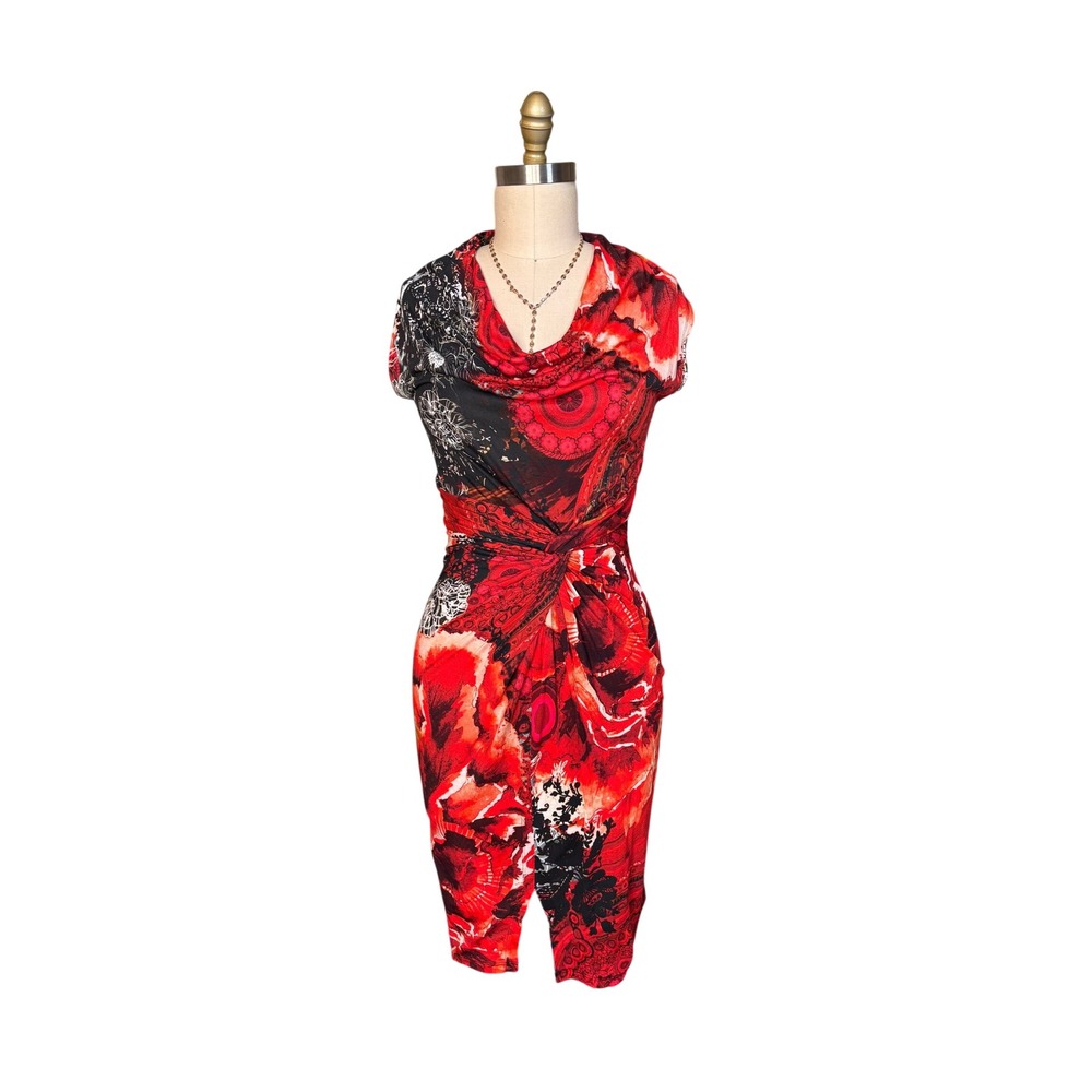 Abstract Floral Desigual Sheath Dress Twist Front Cowl Neck Size S/M Red Black - Picture 1 of 8